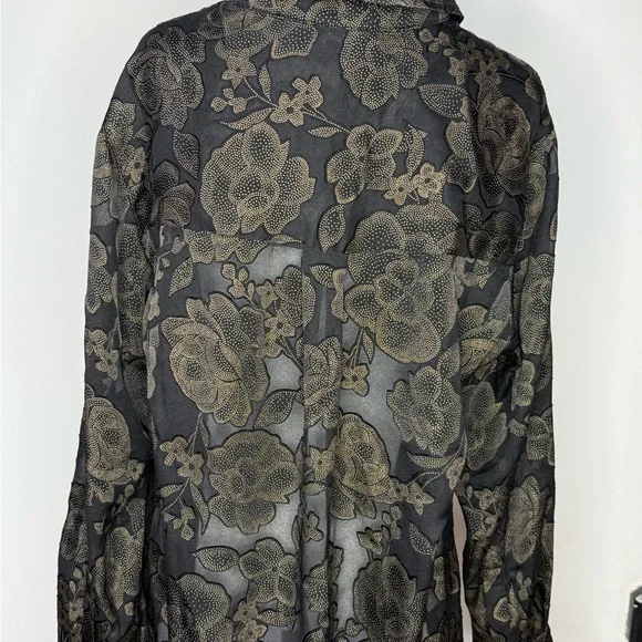 Saint + Sophia Sheer Black/gold Floral Button-Front Blouse - stunning!! - Picture 3 of 8